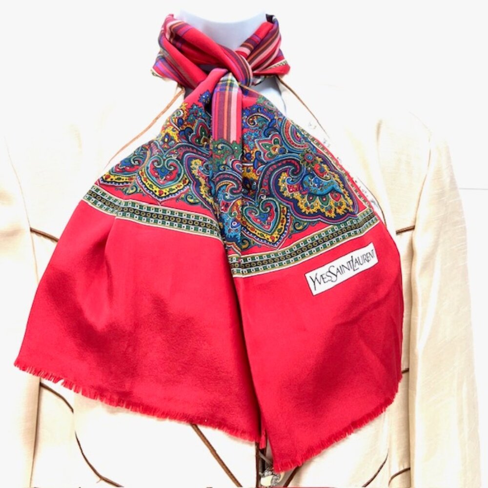 Beautiful Yves Saint Laurent YSL  Silk Satin Scarf 60"x15" Red Green Fringe (22 - Picture 9 of 14